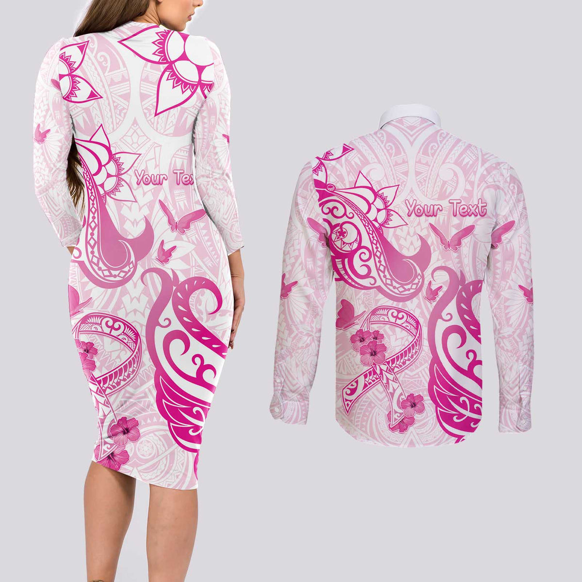 Personalised Breast Cancer Awareness Couples Matching Long Sleeve Bodycon Dress and Long Sleeve Button Shirt Ribbon Polynesian Pattern White Version LT05 - Polynesian Pride