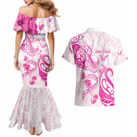 Personalised Breast Cancer Awareness Couples Matching Mermaid Dress and Hawaiian Shirt Ribbon Polynesian Pattern White Version