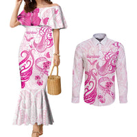 Personalised Breast Cancer Awareness Couples Matching Mermaid Dress and Long Sleeve Button Shirt Ribbon Polynesian Pattern White Version LT05 White - Polynesian Pride