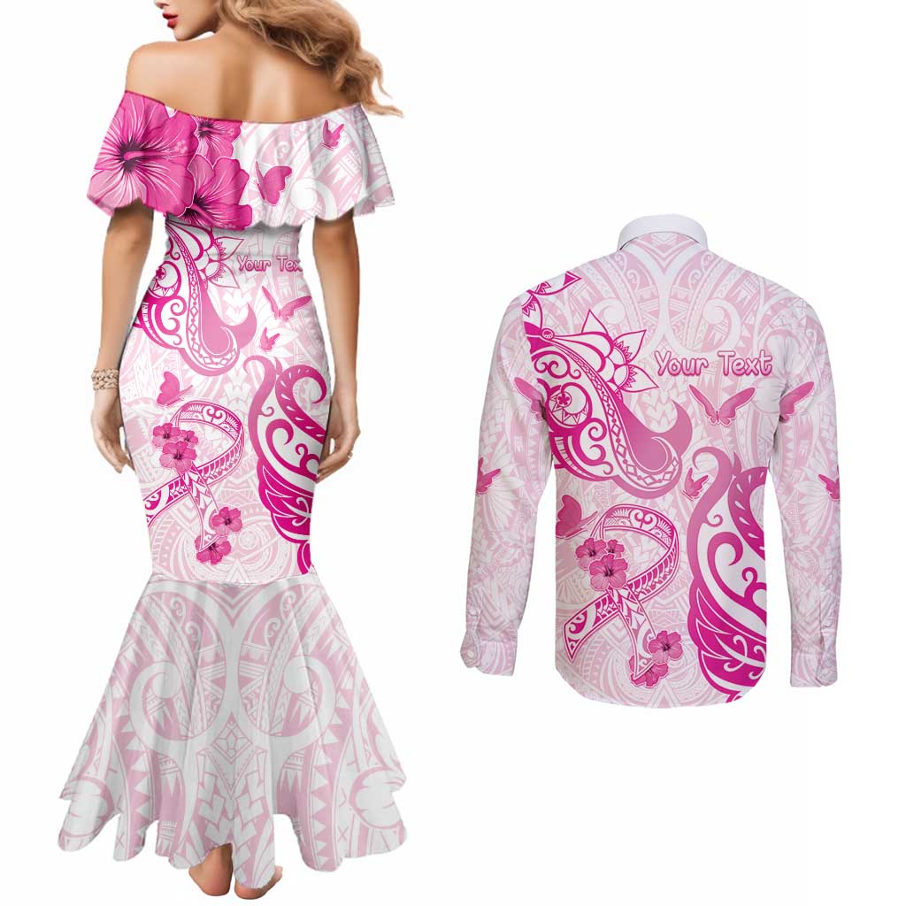 Personalised Breast Cancer Awareness Couples Matching Mermaid Dress and Long Sleeve Button Shirt Ribbon Polynesian Pattern White Version LT05 - Polynesian Pride