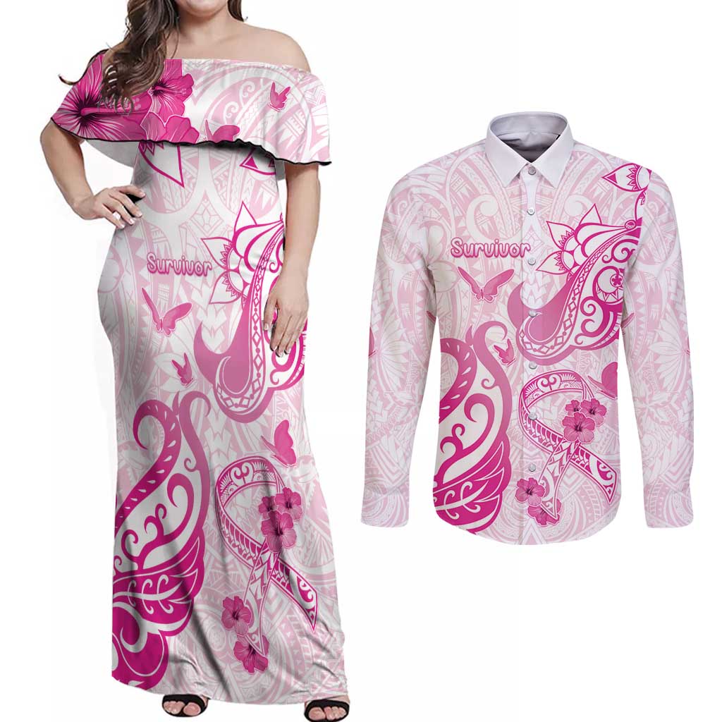 Personalised Breast Cancer Awareness Couples Matching Off Shoulder Maxi Dress and Long Sleeve Button Shirt Ribbon Polynesian Pattern White Version LT05 White - Polynesian Pride