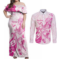Personalised Breast Cancer Awareness Couples Matching Off Shoulder Maxi Dress and Long Sleeve Button Shirt Ribbon Polynesian Pattern White Version LT05 White - Polynesian Pride