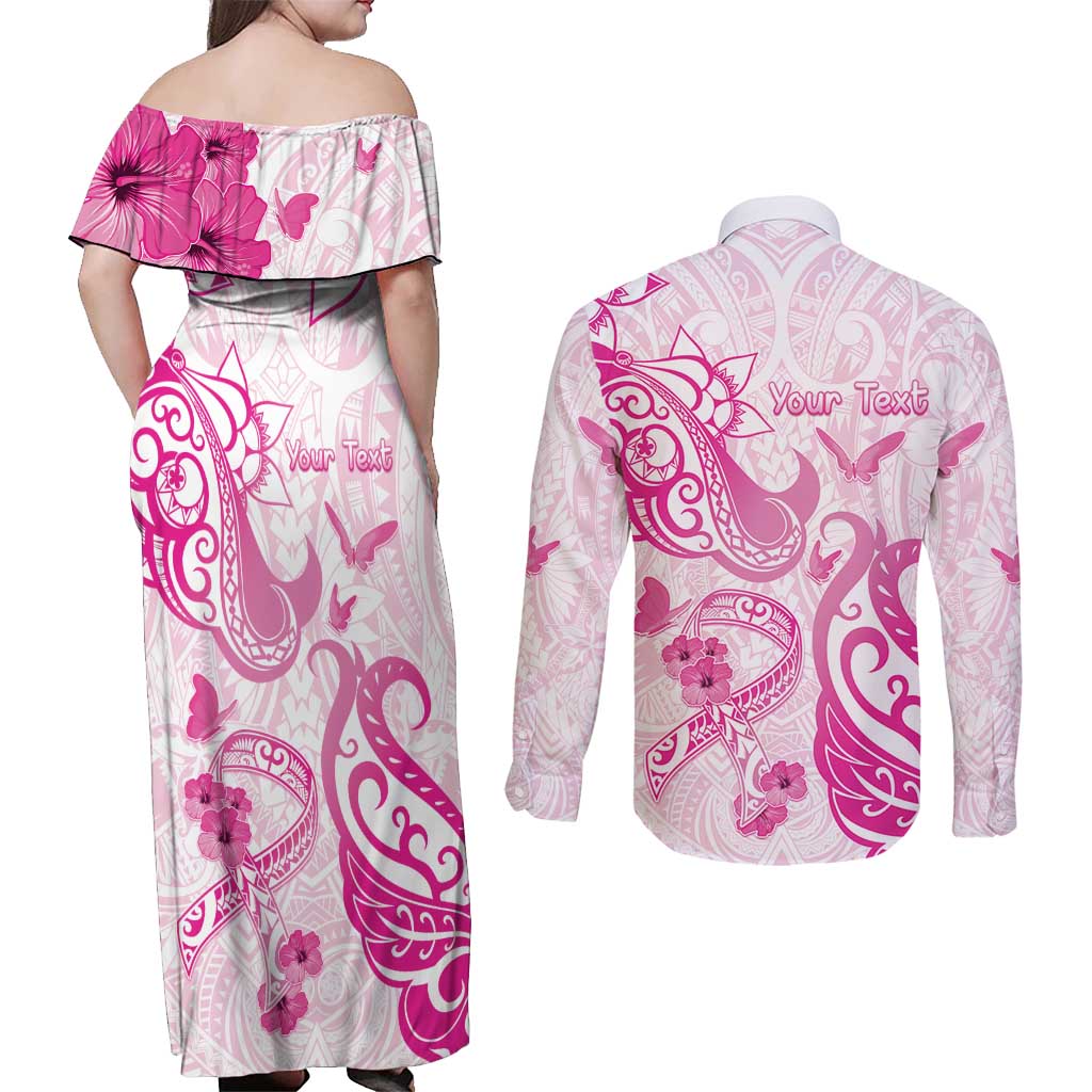 Personalised Breast Cancer Awareness Couples Matching Off Shoulder Maxi Dress and Long Sleeve Button Shirt Ribbon Polynesian Pattern White Version LT05 - Polynesian Pride