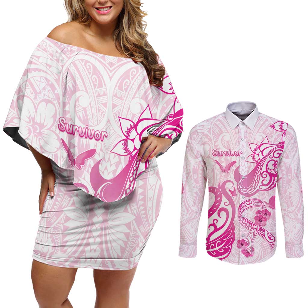 Personalised Breast Cancer Awareness Couples Matching Off Shoulder Short Dress and Long Sleeve Button Shirt Ribbon Polynesian Pattern White Version LT05 White - Polynesian Pride