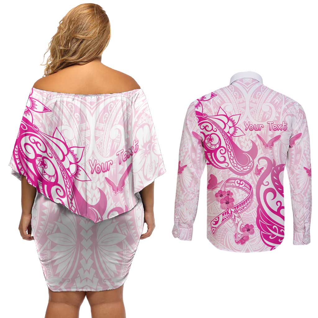 Personalised Breast Cancer Awareness Couples Matching Off Shoulder Short Dress and Long Sleeve Button Shirt Ribbon Polynesian Pattern White Version LT05 - Polynesian Pride