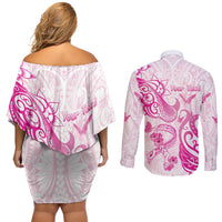 Personalised Breast Cancer Awareness Couples Matching Off Shoulder Short Dress and Long Sleeve Button Shirt Ribbon Polynesian Pattern White Version LT05 - Polynesian Pride