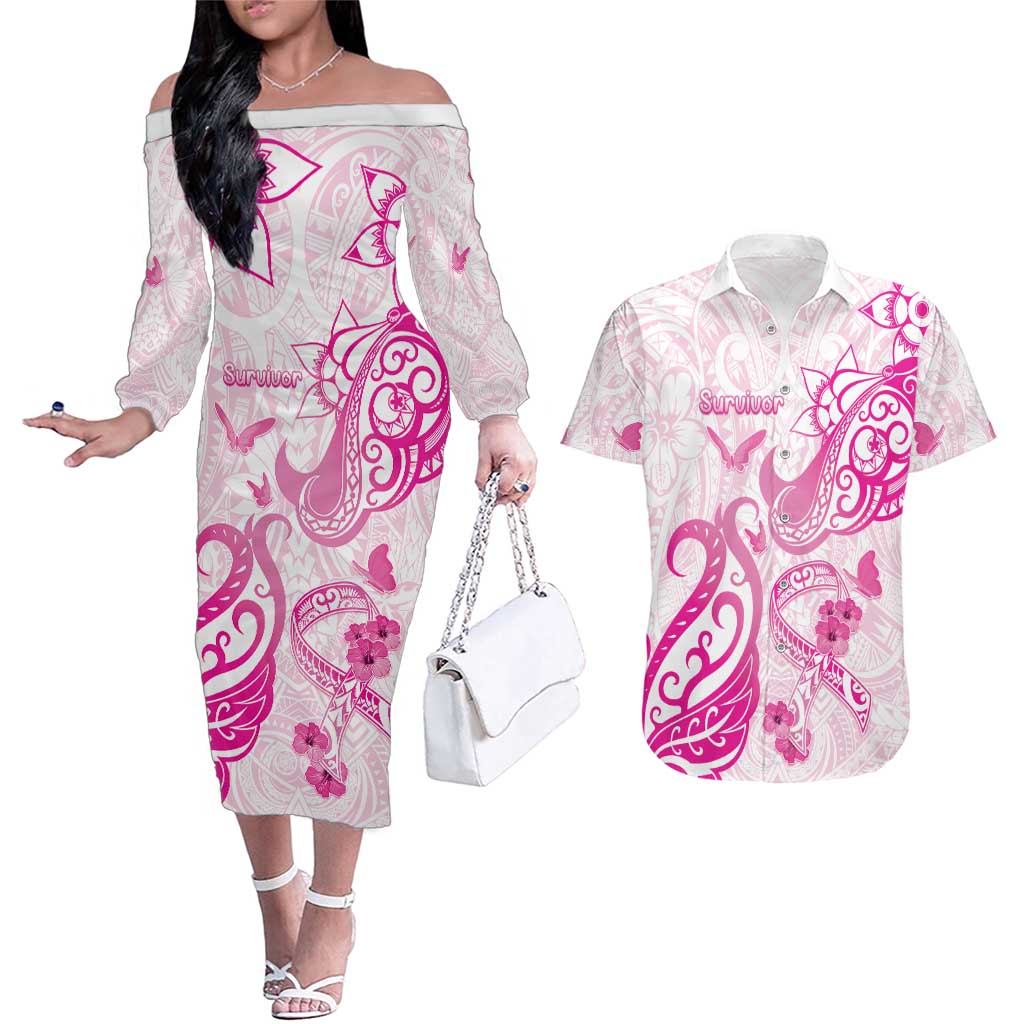 Personalised Breast Cancer Awareness Couples Matching Off The Shoulder Long Sleeve Dress and Hawaiian Shirt Ribbon Polynesian Pattern White Version LT05 White - Polynesian Pride