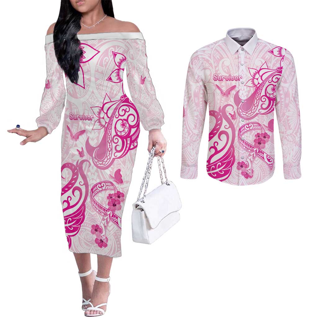 Personalised Breast Cancer Awareness Couples Matching Off The Shoulder Long Sleeve Dress and Long Sleeve Button Shirt Ribbon Polynesian Pattern White Version LT05 White - Polynesian Pride