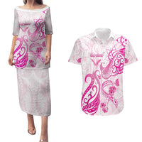 Personalised Breast Cancer Awareness Couples Matching Puletasi and Hawaiian Shirt Ribbon Polynesian Pattern White Version LT05 White - Polynesian Pride