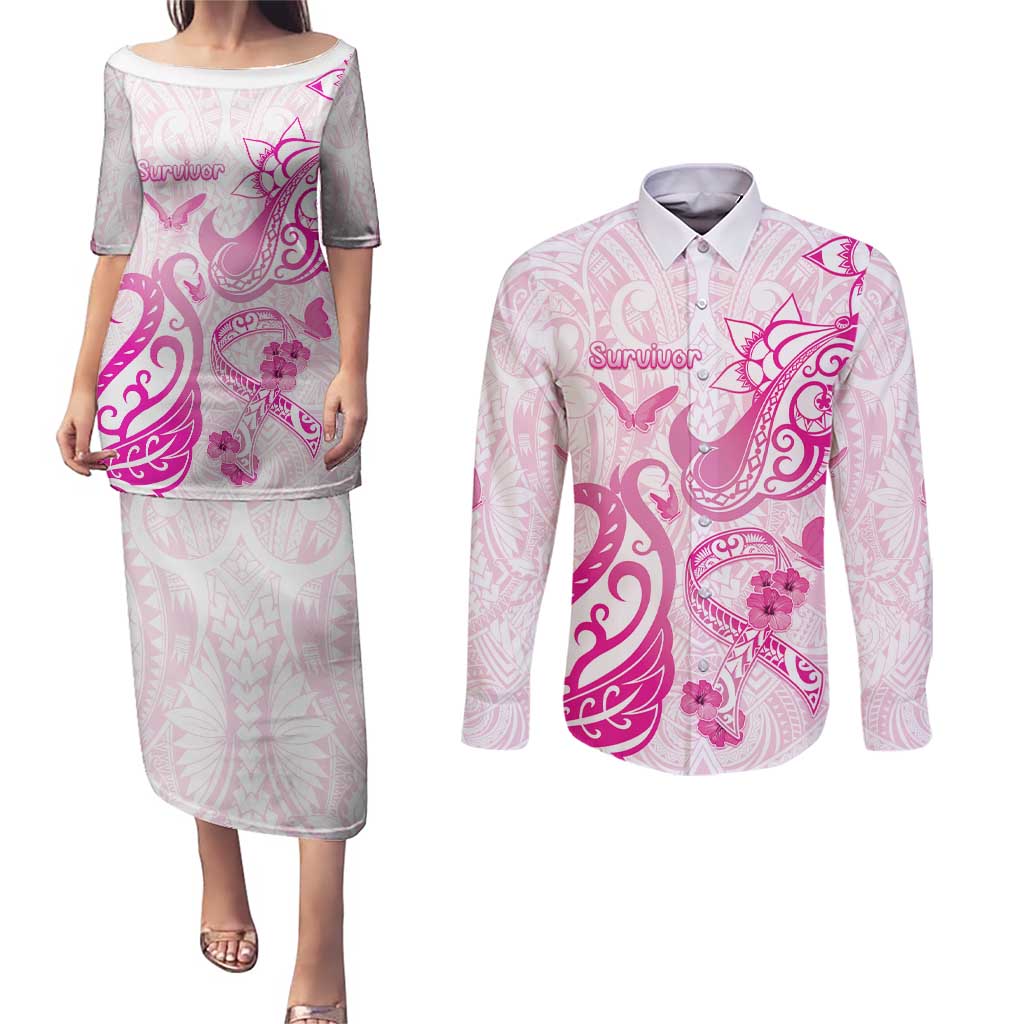 Personalised Breast Cancer Awareness Couples Matching Puletasi and Long Sleeve Button Shirt Ribbon Polynesian Pattern White Version LT05 White - Polynesian Pride