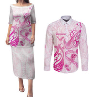 Personalised Breast Cancer Awareness Couples Matching Puletasi and Long Sleeve Button Shirt Ribbon Polynesian Pattern White Version LT05 White - Polynesian Pride