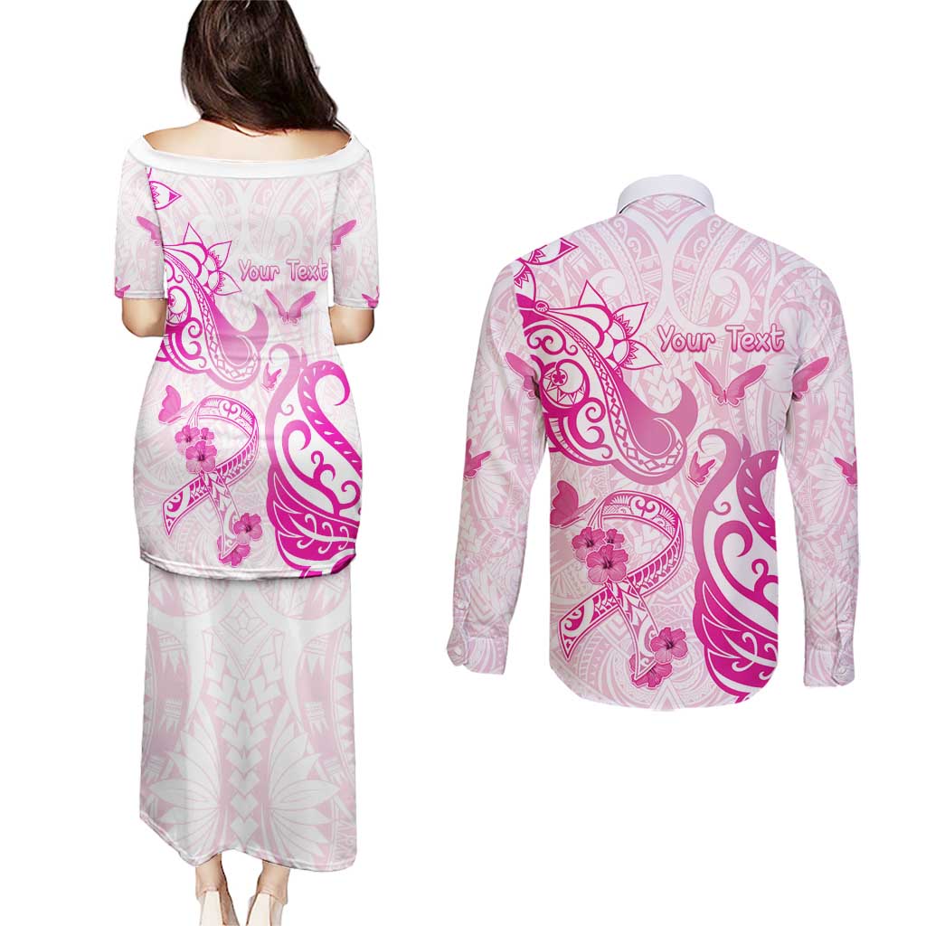 Personalised Breast Cancer Awareness Couples Matching Puletasi and Long Sleeve Button Shirt Ribbon Polynesian Pattern White Version LT05 - Polynesian Pride
