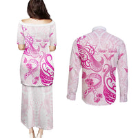 Personalised Breast Cancer Awareness Couples Matching Puletasi and Long Sleeve Button Shirt Ribbon Polynesian Pattern White Version LT05 - Polynesian Pride