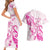 Personalised Breast Cancer Awareness Couples Matching Short Sleeve Bodycon Dress and Hawaiian Shirt Ribbon Polynesian Pattern White Version