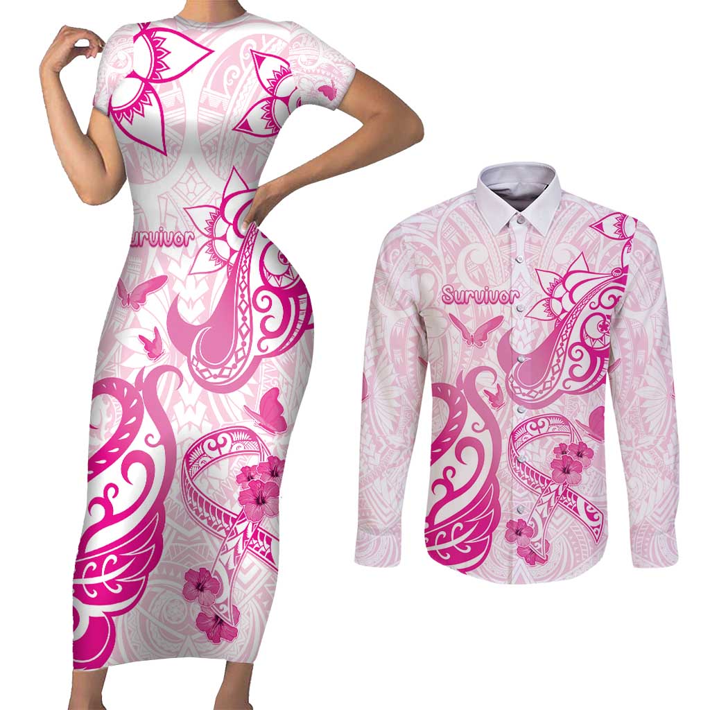 Personalised Breast Cancer Awareness Couples Matching Short Sleeve Bodycon Dress and Long Sleeve Button Shirt Ribbon Polynesian Pattern White Version LT05 White - Polynesian Pride
