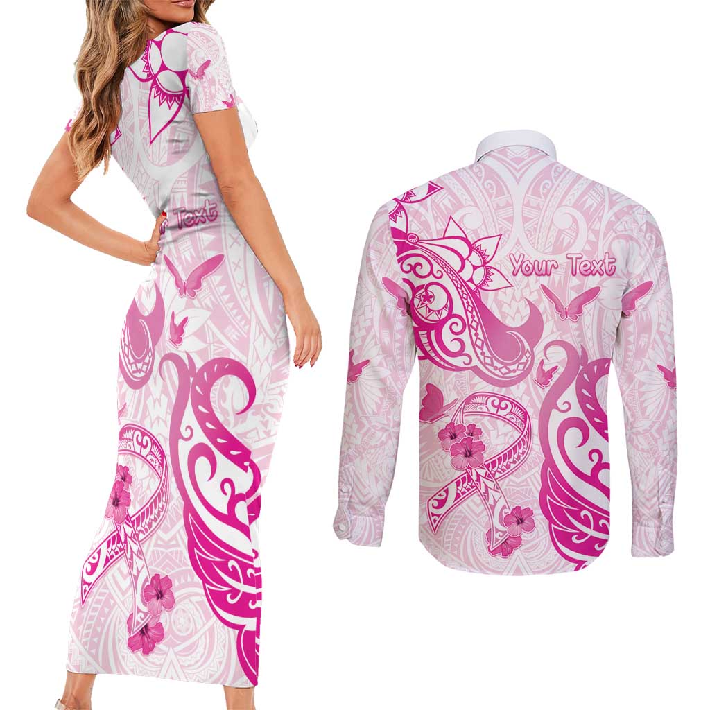Personalised Breast Cancer Awareness Couples Matching Short Sleeve Bodycon Dress and Long Sleeve Button Shirt Ribbon Polynesian Pattern White Version LT05 - Polynesian Pride