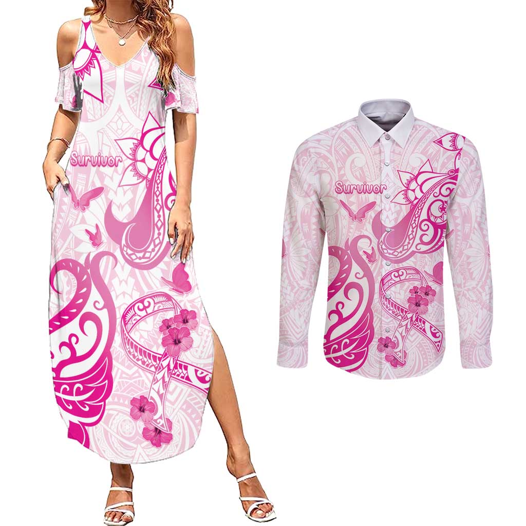 Personalised Breast Cancer Awareness Couples Matching Summer Maxi Dress and Long Sleeve Button Shirt Ribbon Polynesian Pattern White Version LT05 White - Polynesian Pride