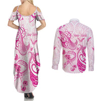 Personalised Breast Cancer Awareness Couples Matching Summer Maxi Dress and Long Sleeve Button Shirt Ribbon Polynesian Pattern White Version LT05 - Polynesian Pride