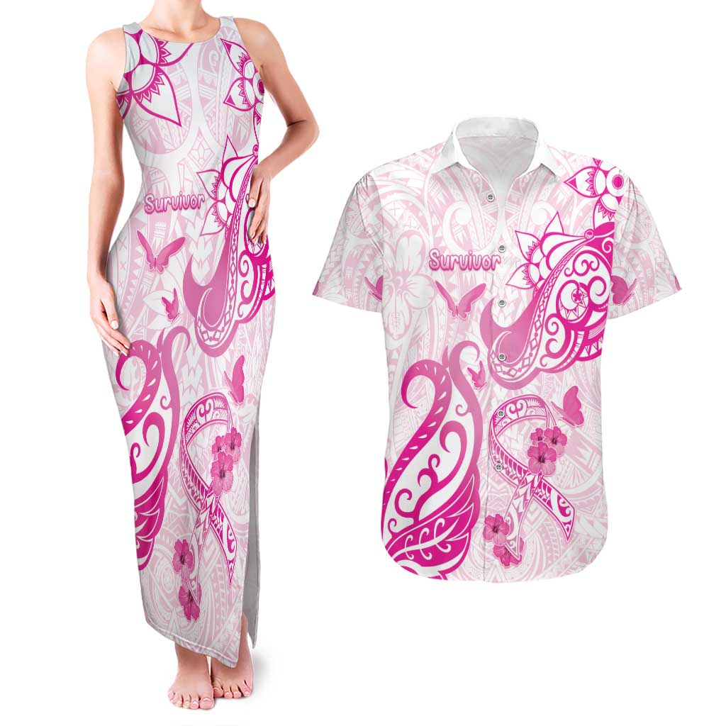Personalised Breast Cancer Awareness Couples Matching Tank Maxi Dress and Hawaiian Shirt Ribbon Polynesian Pattern White Version LT05 White - Polynesian Pride