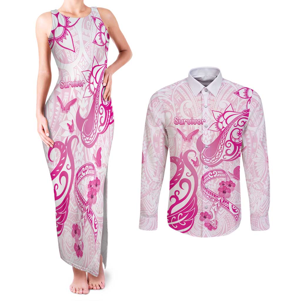 Personalised Breast Cancer Awareness Couples Matching Tank Maxi Dress and Long Sleeve Button Shirt Ribbon Polynesian Pattern White Version LT05 White - Polynesian Pride