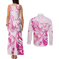 Personalised Breast Cancer Awareness Couples Matching Tank Maxi Dress and Long Sleeve Button Shirt Ribbon Polynesian Pattern White Version LT05 - Polynesian Pride