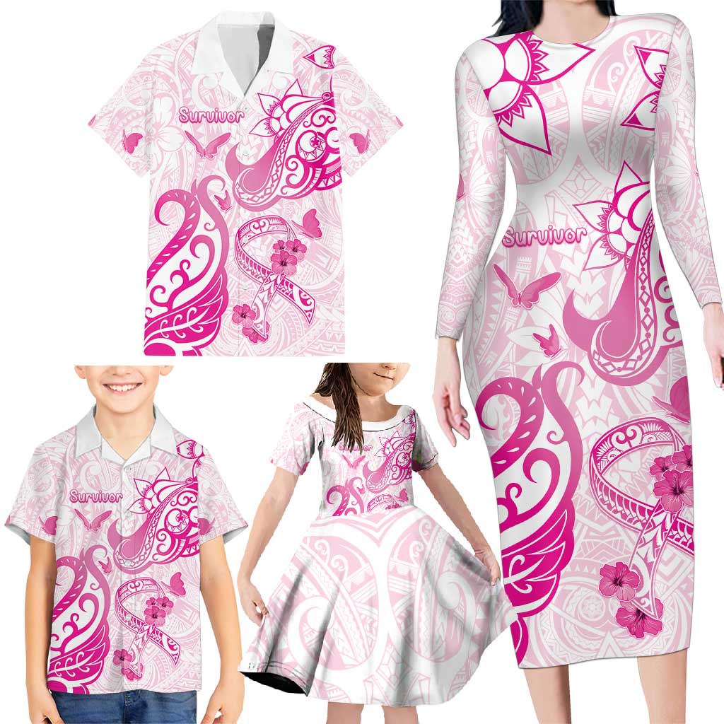 Personalised Breast Cancer Awareness Family Matching Long Sleeve Bodycon Dress and Hawaiian Shirt Ribbon Polynesian Pattern White Version LT05 - Polynesian Pride