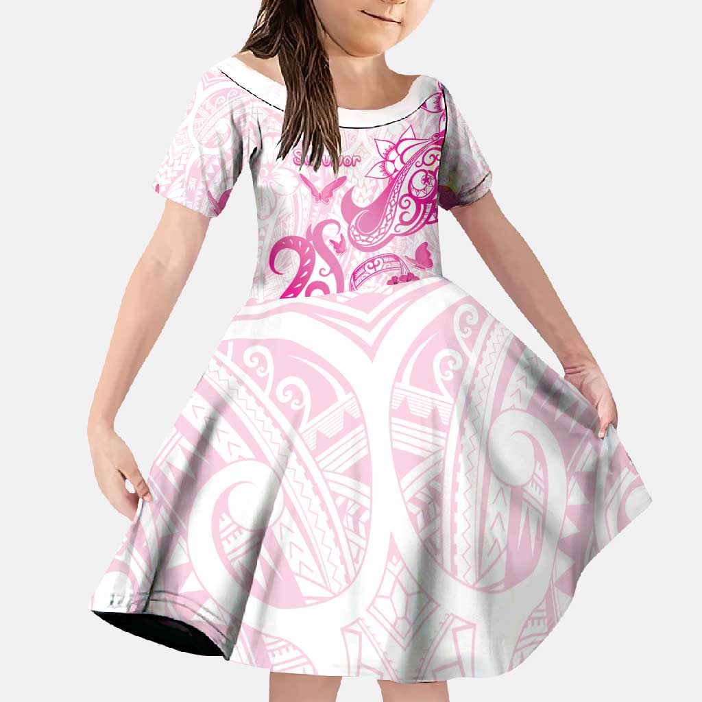 Personalised Breast Cancer Awareness Family Matching Mermaid Dress and Hawaiian Shirt Ribbon Polynesian Pattern White Version LT05 Daughter's Dress White - Polynesian Pride