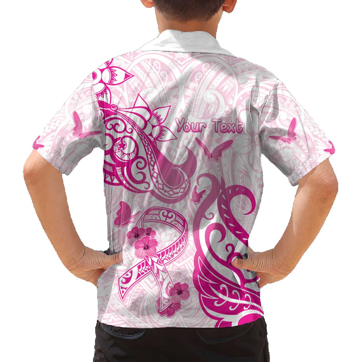 Personalised Breast Cancer Awareness Family Matching Off The Shoulder Long Sleeve Dress and Hawaiian Shirt Ribbon Polynesian Pattern White Version