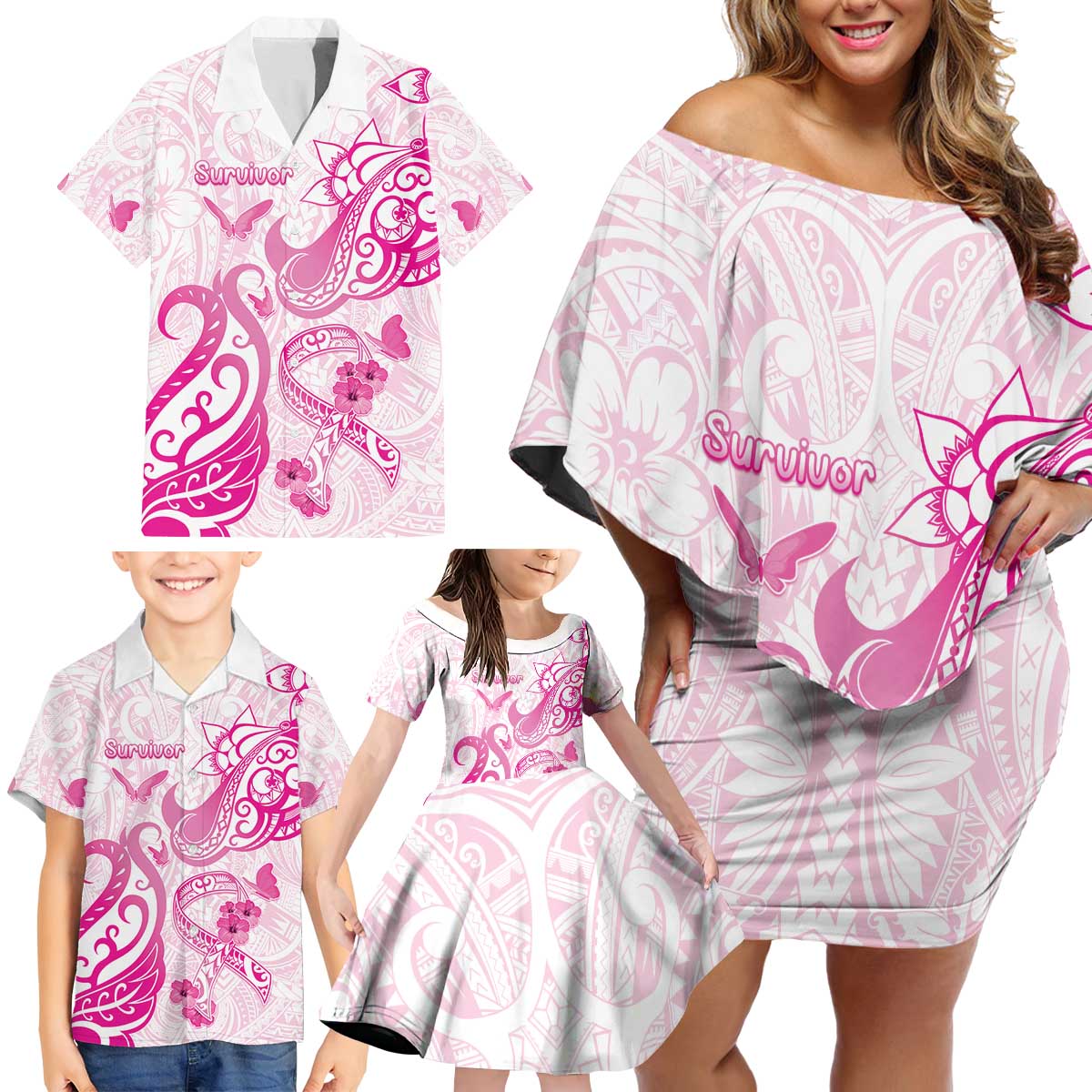 Personalised Breast Cancer Awareness Family Matching Off Shoulder Short Dress and Hawaiian Shirt Ribbon Polynesian Pattern White Version LT05 - Polynesian Pride