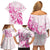 Personalised Breast Cancer Awareness Family Matching Off Shoulder Short Dress and Hawaiian Shirt Ribbon Polynesian Pattern White Version