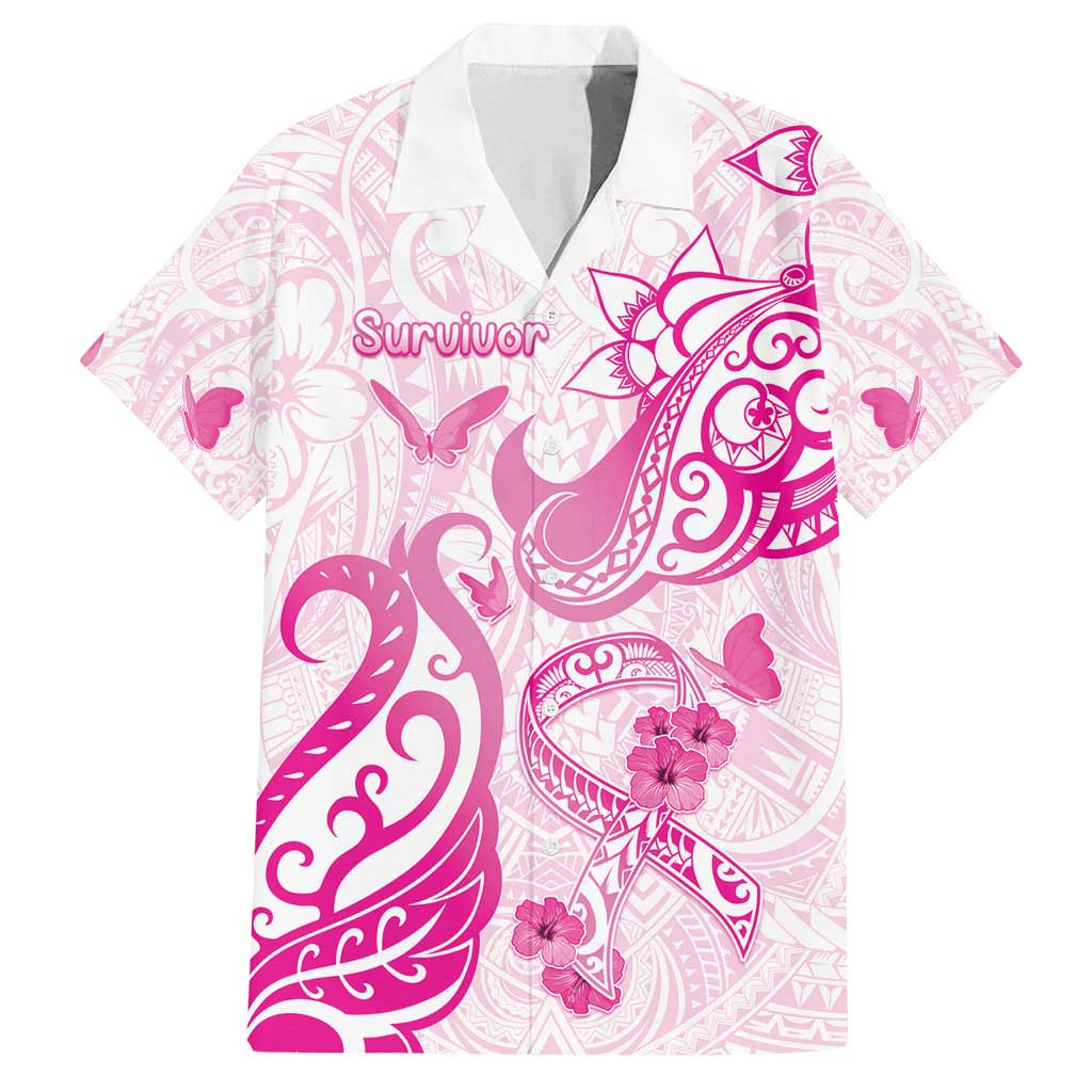 Personalised Breast Cancer Awareness Family Matching Tank Maxi Dress and Hawaiian Shirt Ribbon Polynesian Pattern White Version LT05 Dad's Shirt - Short Sleeve White - Polynesian Pride