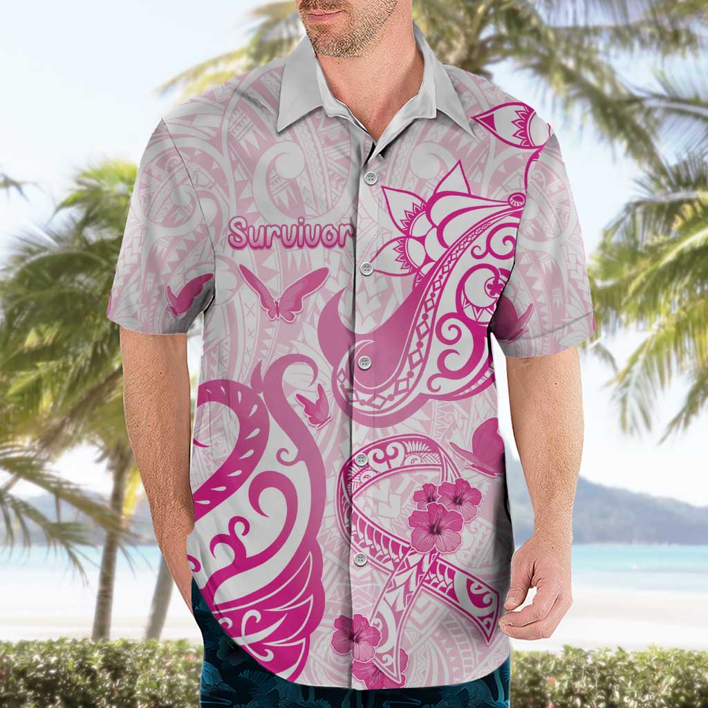 Personalised Breast Cancer Awareness Hawaiian Shirt Ribbon Polynesian Pattern White Version LT05 - Polynesian Pride