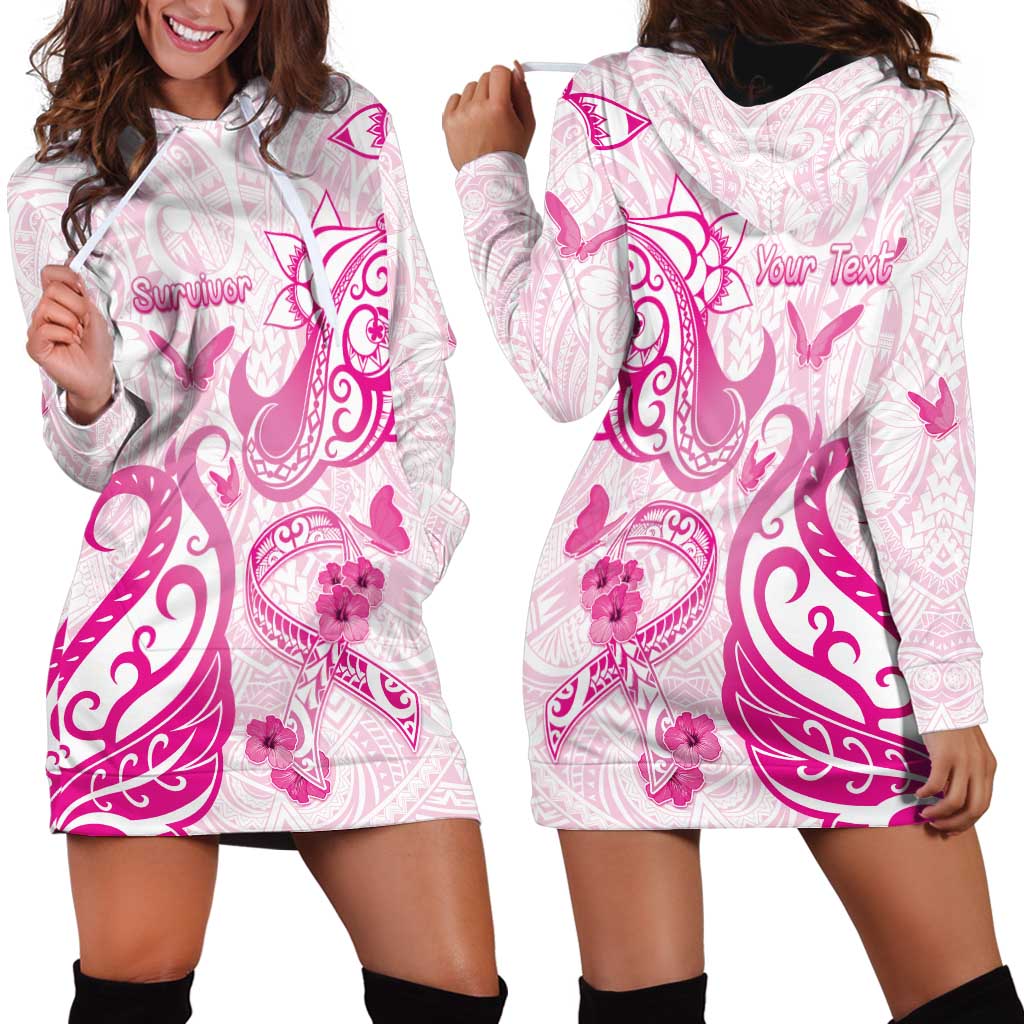 Personalised Breast Cancer Awareness Hoodie Dress Ribbon Polynesian Pattern White Version LT05 - Polynesian Pride