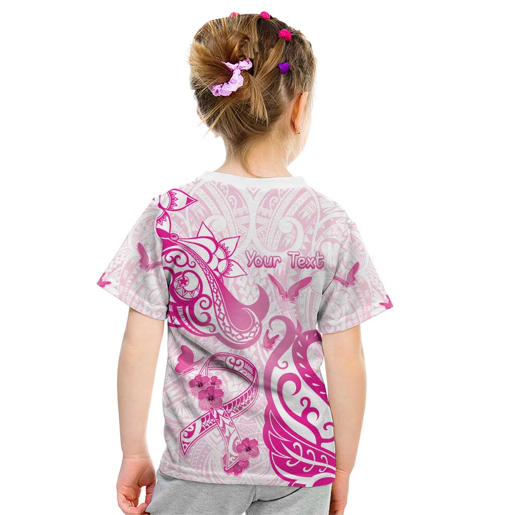 Personalised Breast Cancer Awareness Kid T Shirt Ribbon Polynesian Pattern White Version
