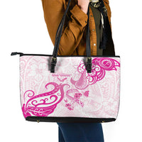 Breast Cancer Awareness Leather Tote Bag Ribbon Polynesian Pattern White Version LT05 - Polynesian Pride
