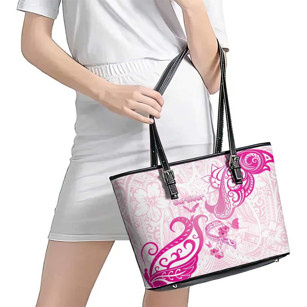 Breast Cancer Awareness Leather Tote Bag Ribbon Polynesian Pattern White Version LT05 - Polynesian Pride