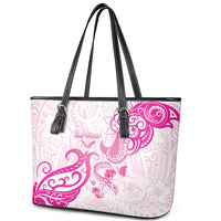 Breast Cancer Awareness Leather Tote Bag Ribbon Polynesian Pattern White Version LT05 - Polynesian Pride