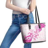 Breast Cancer Awareness Leather Tote Bag Ribbon Polynesian Pattern White Version LT05 - Polynesian Pride