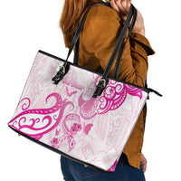 Breast Cancer Awareness Leather Tote Bag Ribbon Polynesian Pattern White Version LT05 - Polynesian Pride
