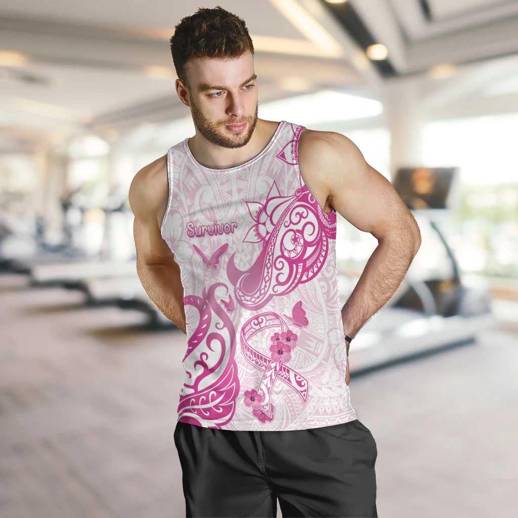 Personalised Breast Cancer Awareness Men Tank Top Ribbon Polynesian Pattern White Version LT05 White - Polynesian Pride