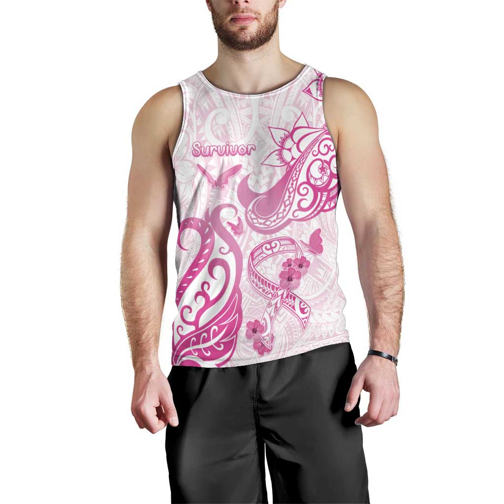 Personalised Breast Cancer Awareness Men Tank Top Ribbon Polynesian Pattern White Version LT05 - Polynesian Pride