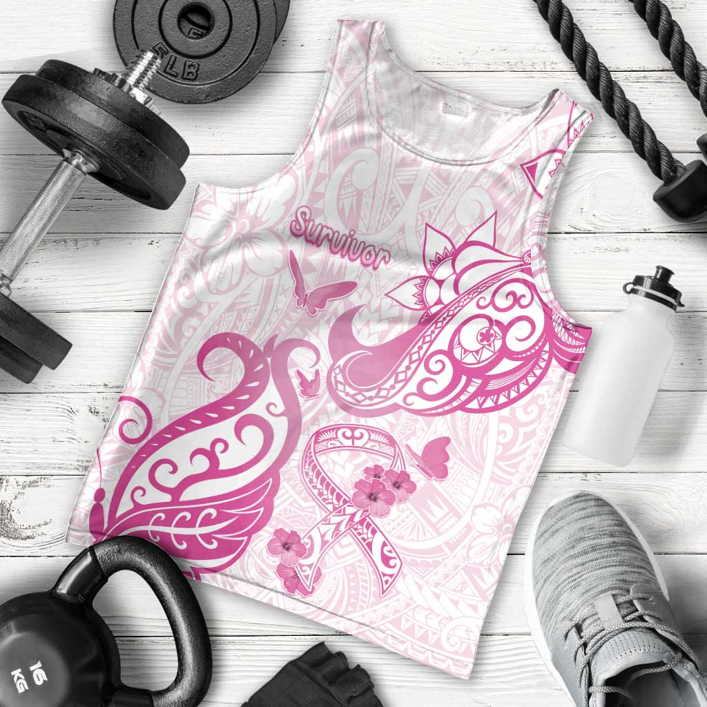 Personalised Breast Cancer Awareness Men Tank Top Ribbon Polynesian Pattern White Version LT05 - Polynesian Pride