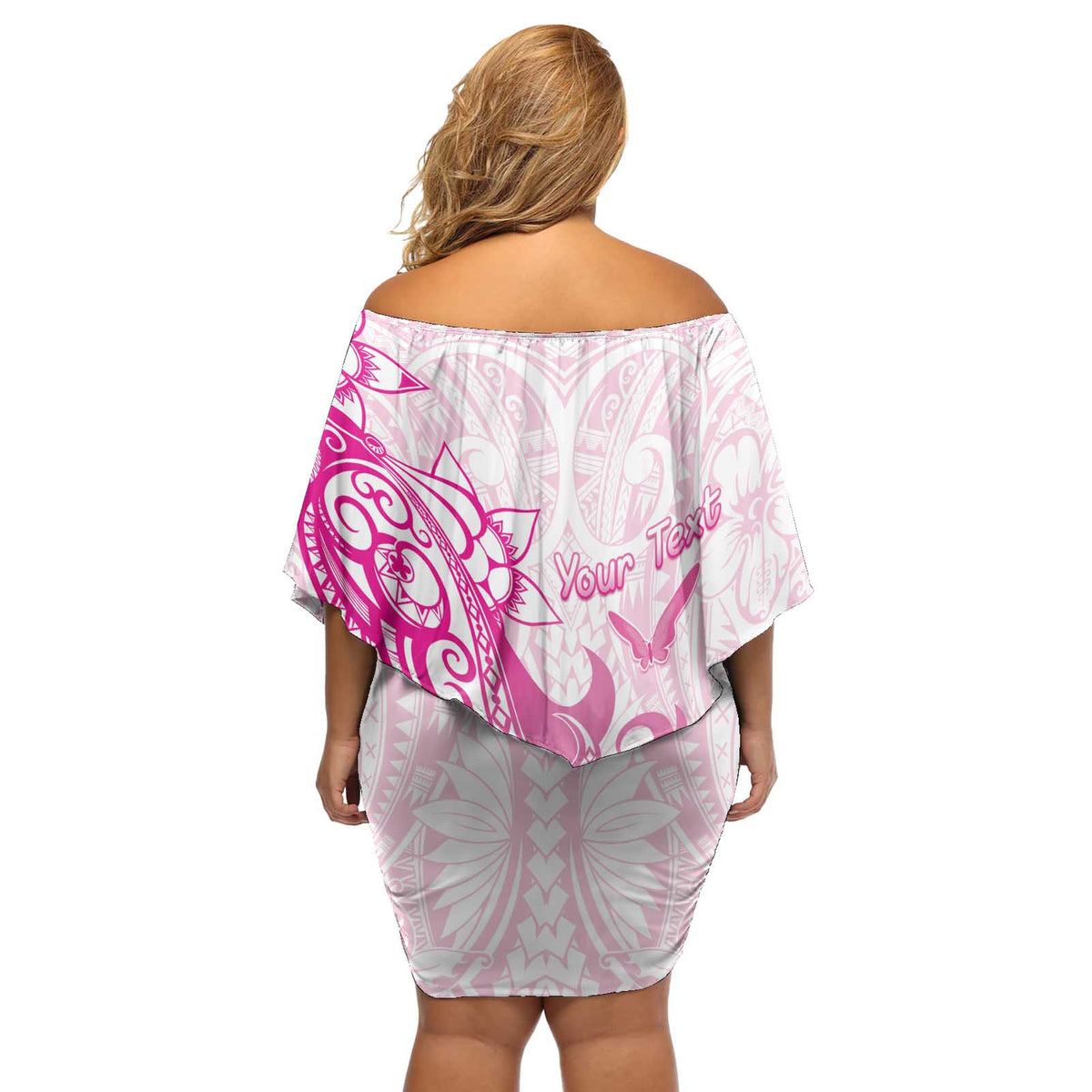 Personalised Breast Cancer Awareness Off Shoulder Short Dress Ribbon Polynesian Pattern White Version LT05 - Polynesian Pride