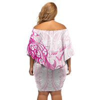 Personalised Breast Cancer Awareness Off Shoulder Short Dress Ribbon Polynesian Pattern White Version LT05 - Polynesian Pride
