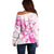 Personalised Breast Cancer Awareness Off Shoulder Sweater Ribbon Polynesian Pattern White Version