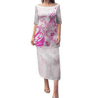 Personalised Breast Cancer Awareness Puletasi Ribbon Polynesian Pattern White Version LT05 Long Dress White - Polynesian Pride