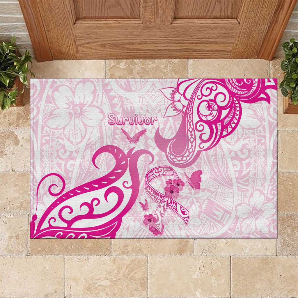 Breast Cancer Awareness Rubber Doormat Ribbon Polynesian Pattern White Version LT05 White - Polynesian Pride