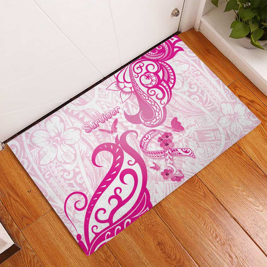 Breast Cancer Awareness Rubber Doormat Ribbon Polynesian Pattern White Version LT05 - Polynesian Pride