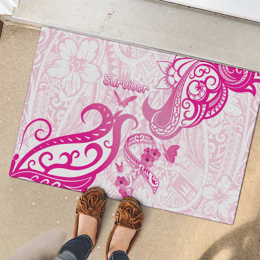 Breast Cancer Awareness Rubber Doormat Ribbon Polynesian Pattern White Version LT05 - Polynesian Pride