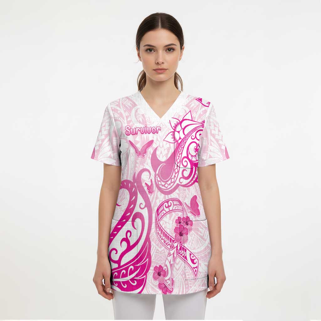 Personalised Breast Cancer Awareness Scrub Top Ribbon Polynesian Pattern White Version - Polynesian Pride